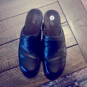 Clarks black leather clog, size 9